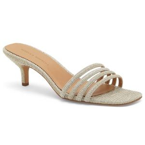 NWOB Rebecca Minooff Decklynn Gold Silver Fabric slide kitten heel sandals 9 M
